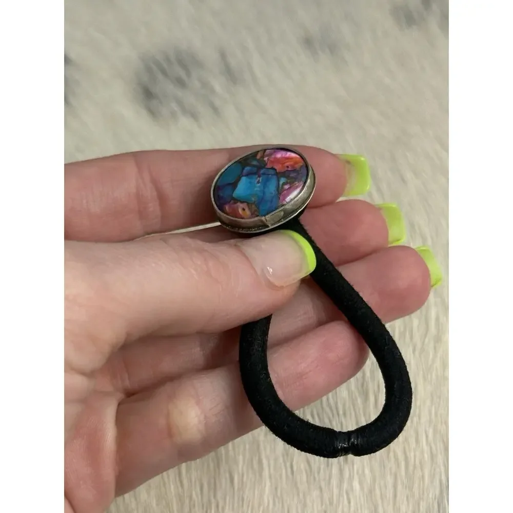 Native American Navajo Handmade Sterling Silver Pink Blue Dahlia Oyster Hair Tie